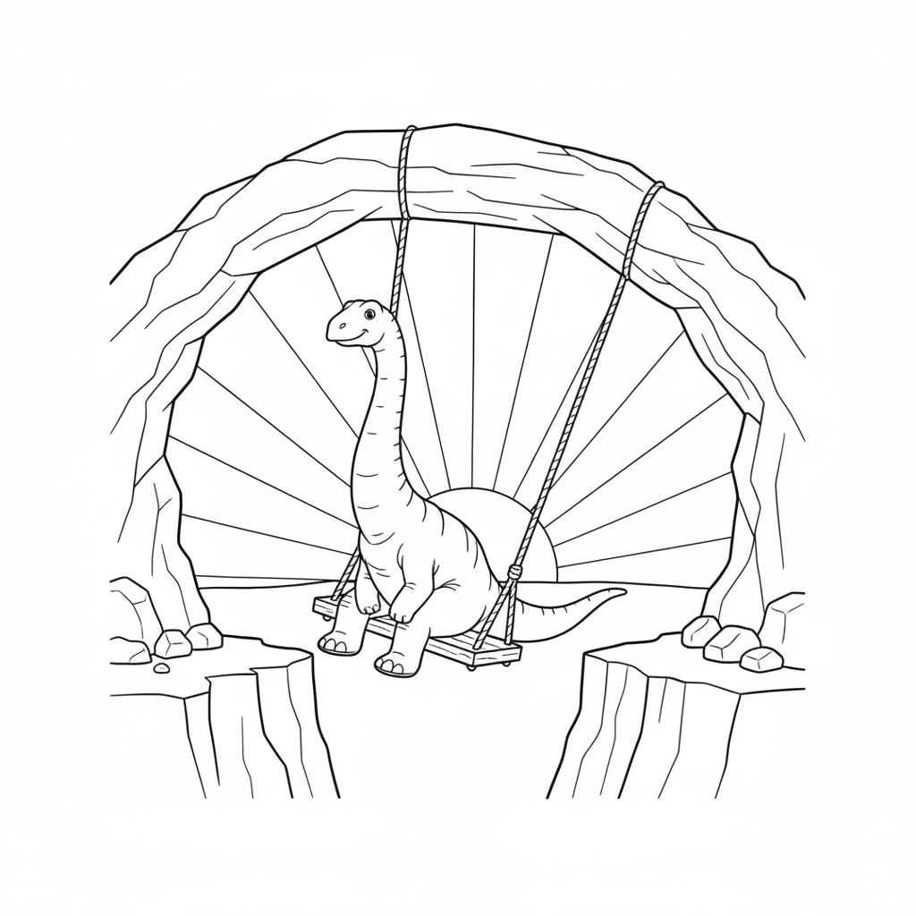 Dinosaur on a Swing Overlooking a Canyon — Free Coloring Page for Kids