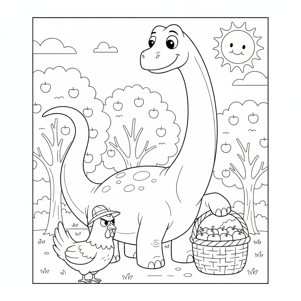 Um dinossauro amigável com maçãs em um pomar — Desenho de Dinossauros para Colorir — Grátis