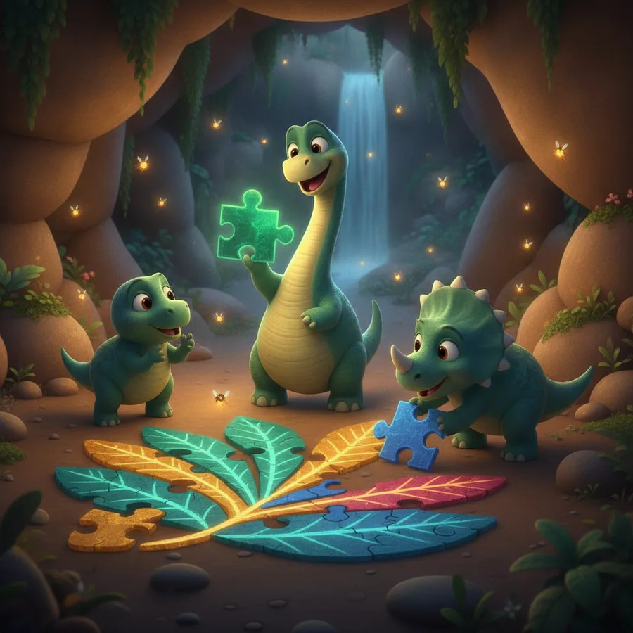 This coloring page features three friendly dinosaurs assembling a vibrant puzzle in a cozy cave. The large areas of the cave are easy to color, while the puzzle pieces offer fun details to bring to life.