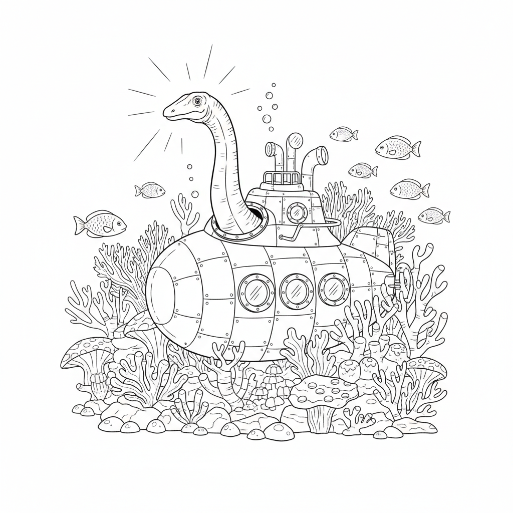 Plesiosaurus Submarine Adventure — Free Coloring Page for Kids coloring page