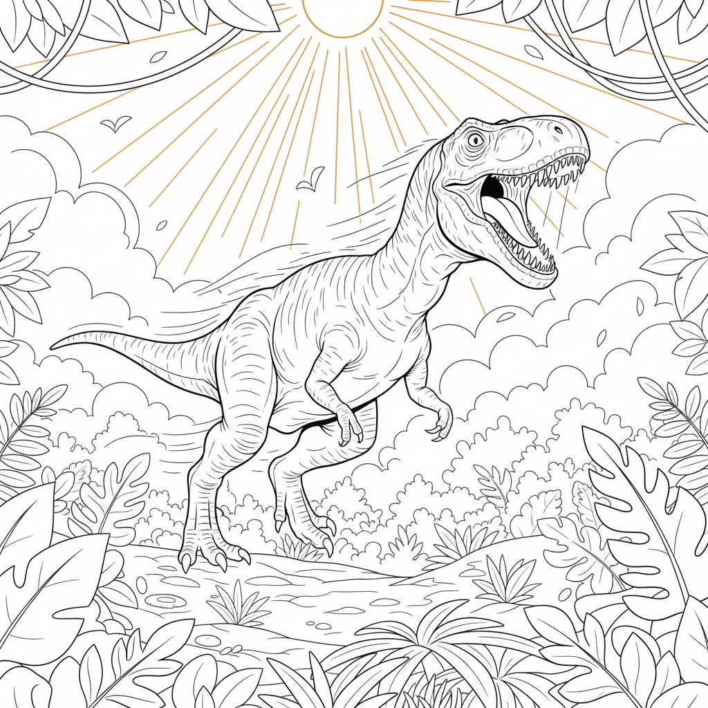 Joyful Allosaurus in Enchanted Forest — Free Coloring Page for Kids coloring page