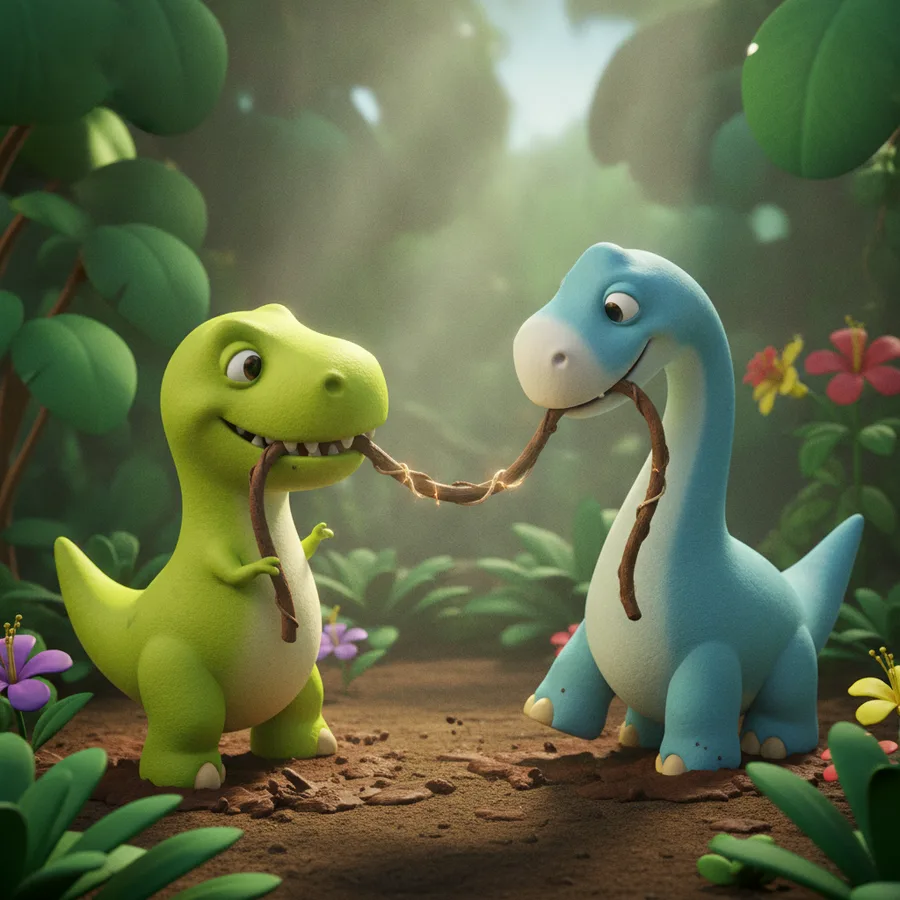 Esta página de colorir apresenta um T-Rex verde brilhante e um dinossauro azul em um divertido jogo de puxar. As áreas grandes são fáceis de colorir, enquanto as flores detalhadas oferecem um desafio divertido.