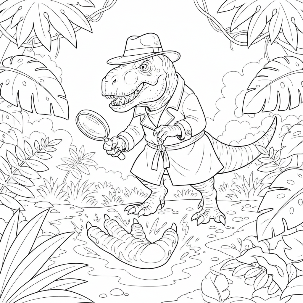 Detective Rex's Blue Footprint Mystery — Free Coloring Page for Kids coloring page