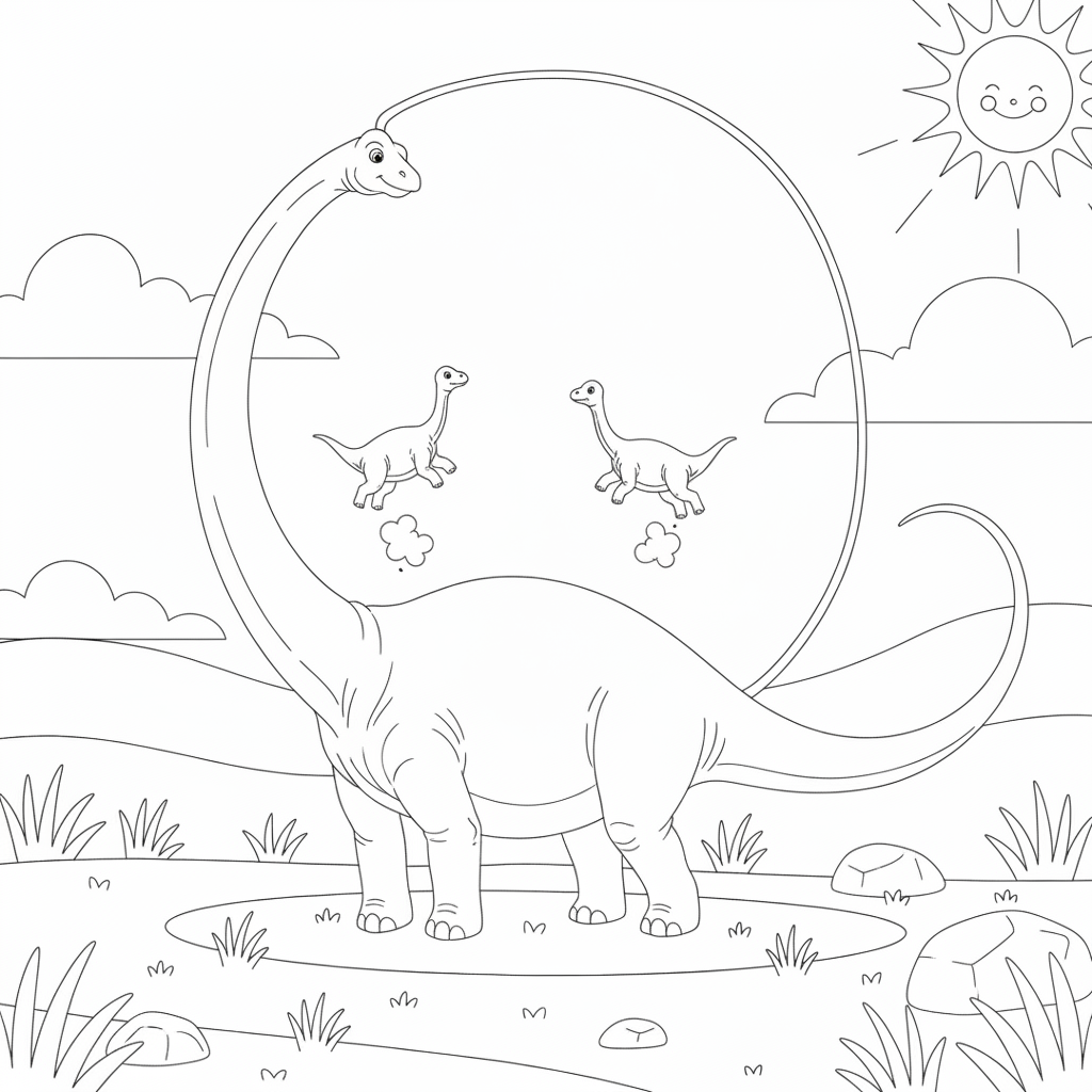 Dinosaurier Spielen in der Natur — Dinosaurier Ausmalbild — Kostenlos Ausdrucken