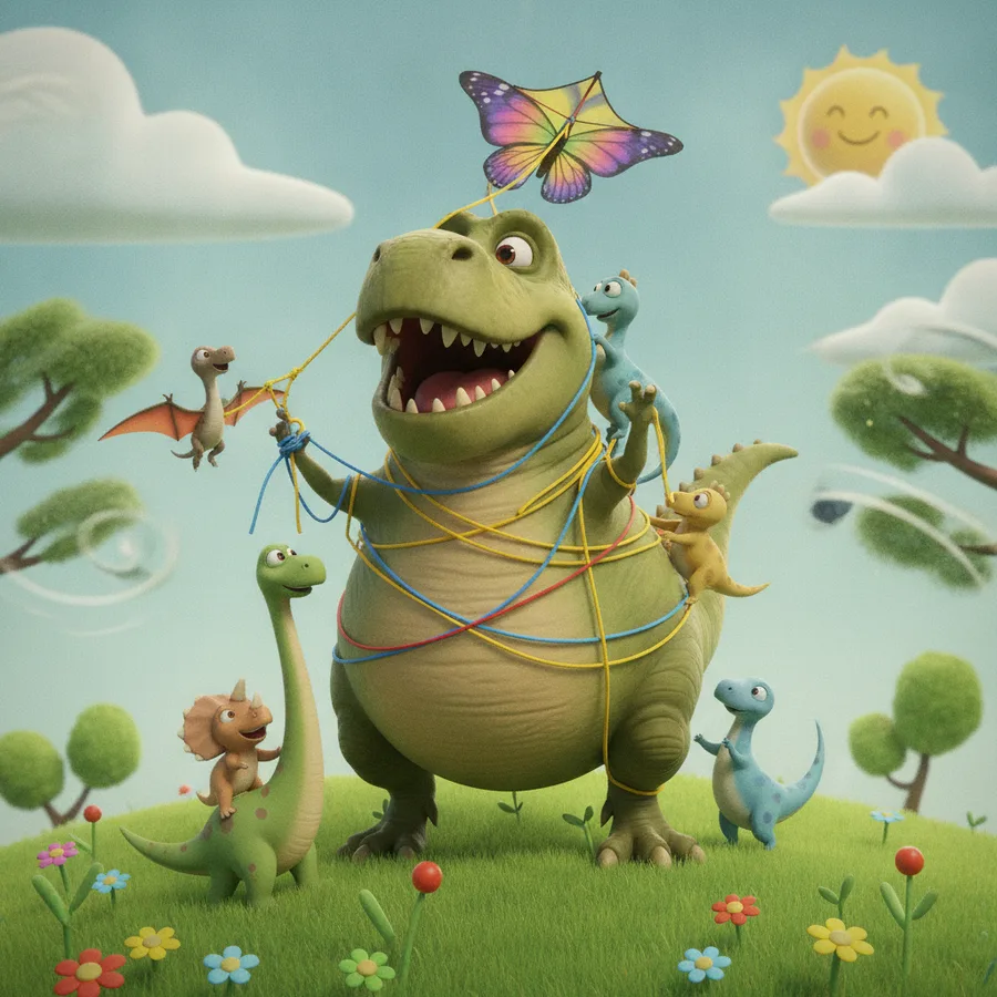 Dieses Ausmalbild zeigt einen großen, freundlichen Dinosaurier, der in bunten Bändern verheddert ist, zusammen mit kleineren Dinosaurierfreunden. Die grasigen Bereiche und Blumen sind einfach auszumalen, während die Details in den Bändern eine spaßige Herausforderung bieten.