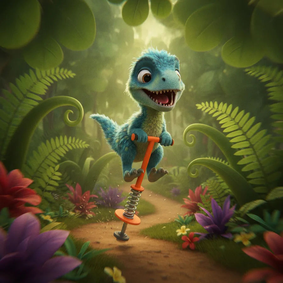 Color in the cheerful dinosaur with bright blue scales bouncing on a pogo stick! The jungle scenery offers easy areas like flowers and ferns.