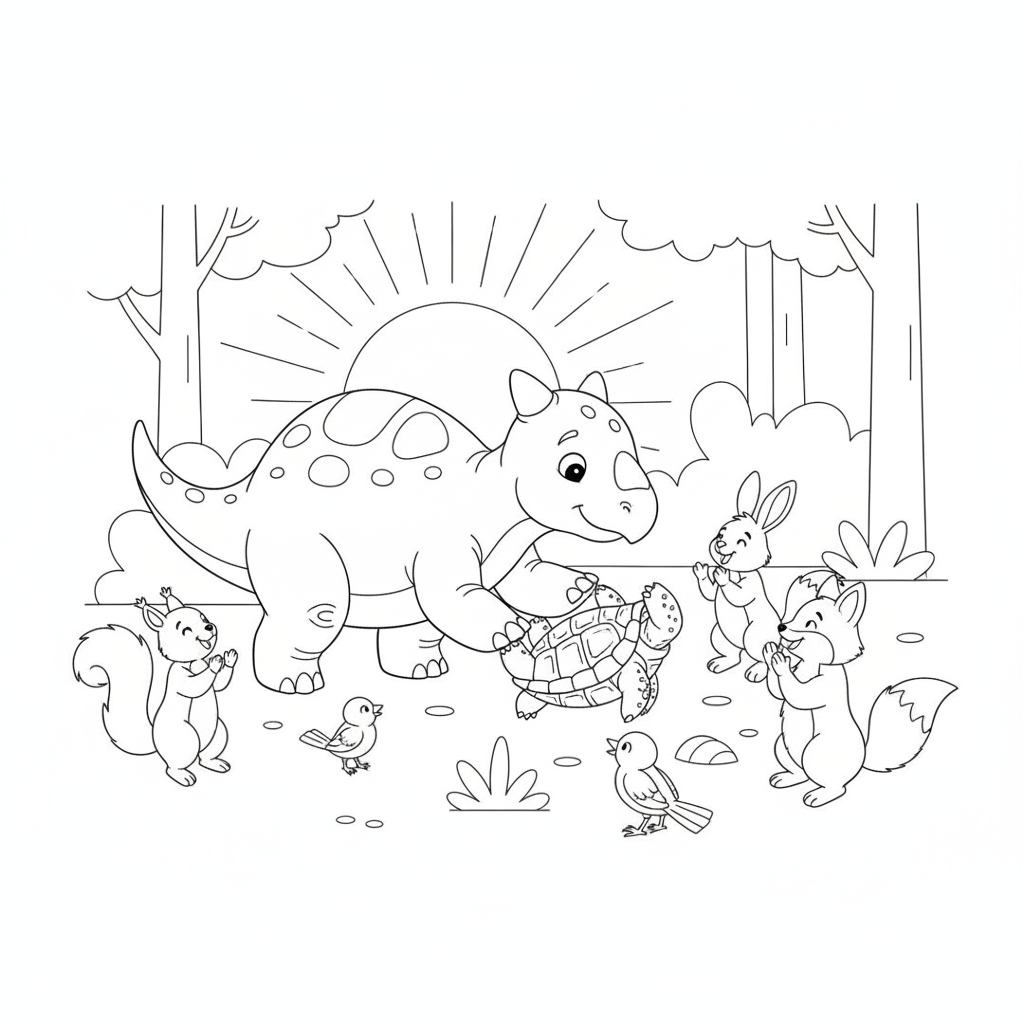 Friendly Dinosaur Helping Turtle — Free Coloring Page for Kids