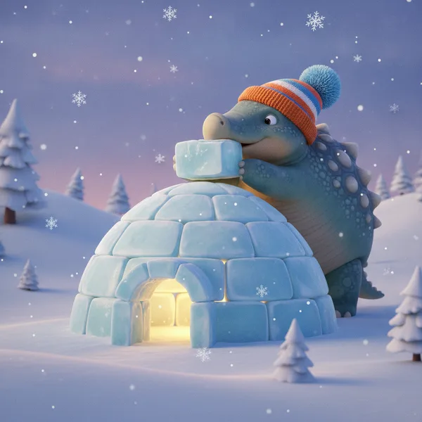 Cheerful Dinosaur Stacking Ice on an Igloo — Free Coloring Page for Kids