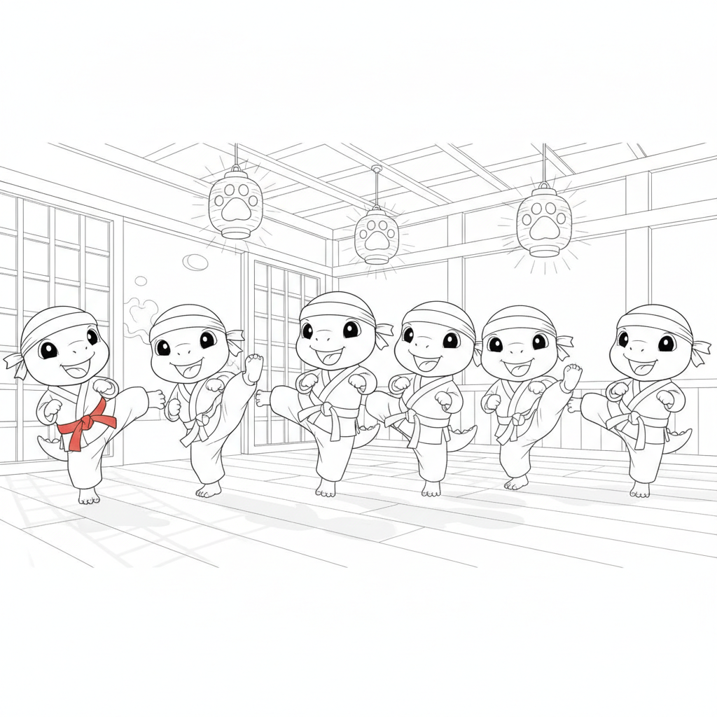 Cute Dinosaurs in Karate Class — Free Coloring Page for Kids coloring page