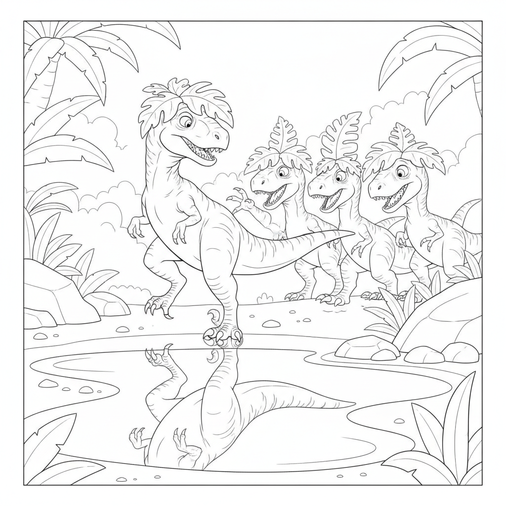 Cartoon Dinosaurs by a Pond — Free Coloring Page for Kids
