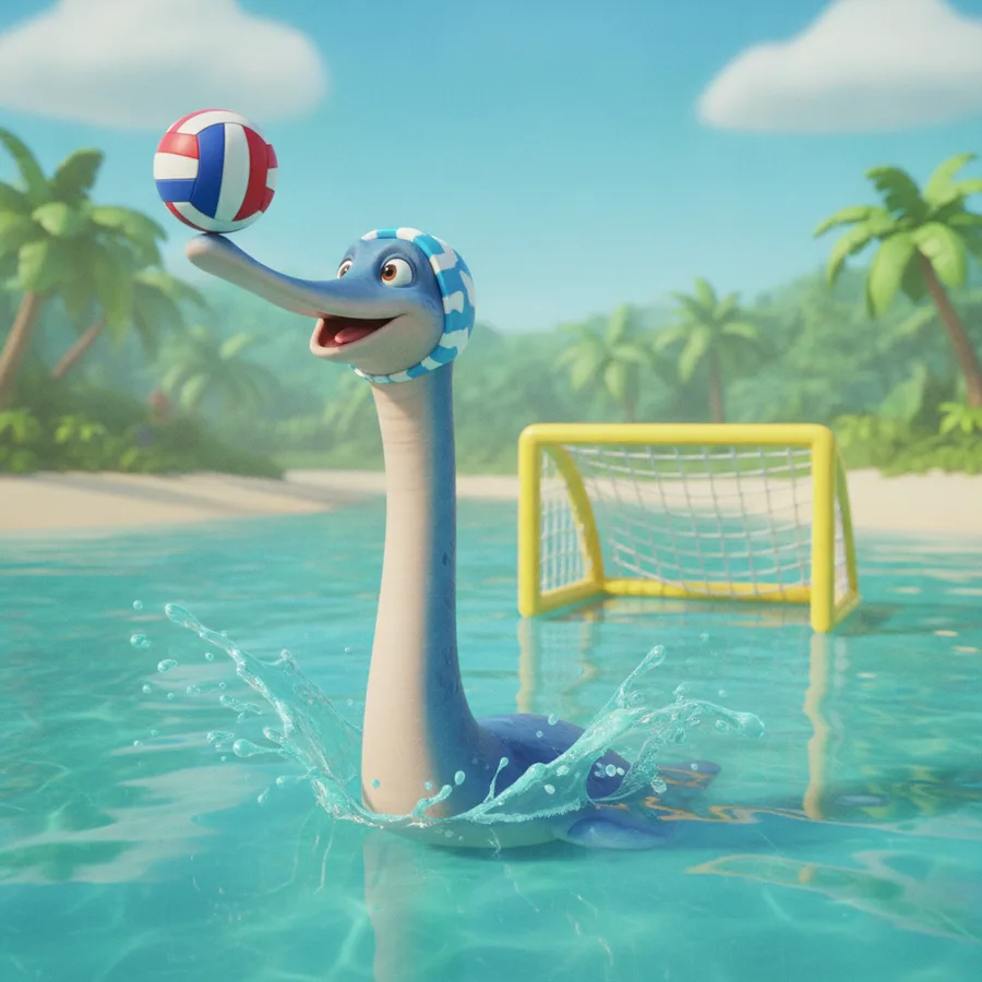 Color this fun dinosaur enjoying the beach! Easy areas include the water and volleyball, while the palm trees provide a fun challenge.