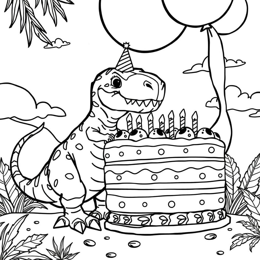 T-Rex Birthday Cake Coloring Fun — Free Coloring Page for Kids coloring page