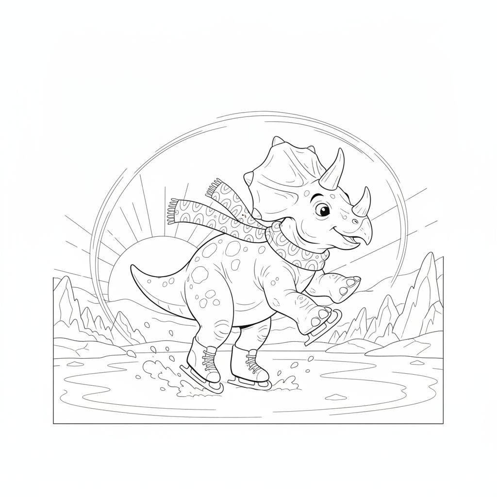 Fröhlicher Triceratops auf Eis — Dinosaurier Ausmalbild — Kostenlos Ausdrucken