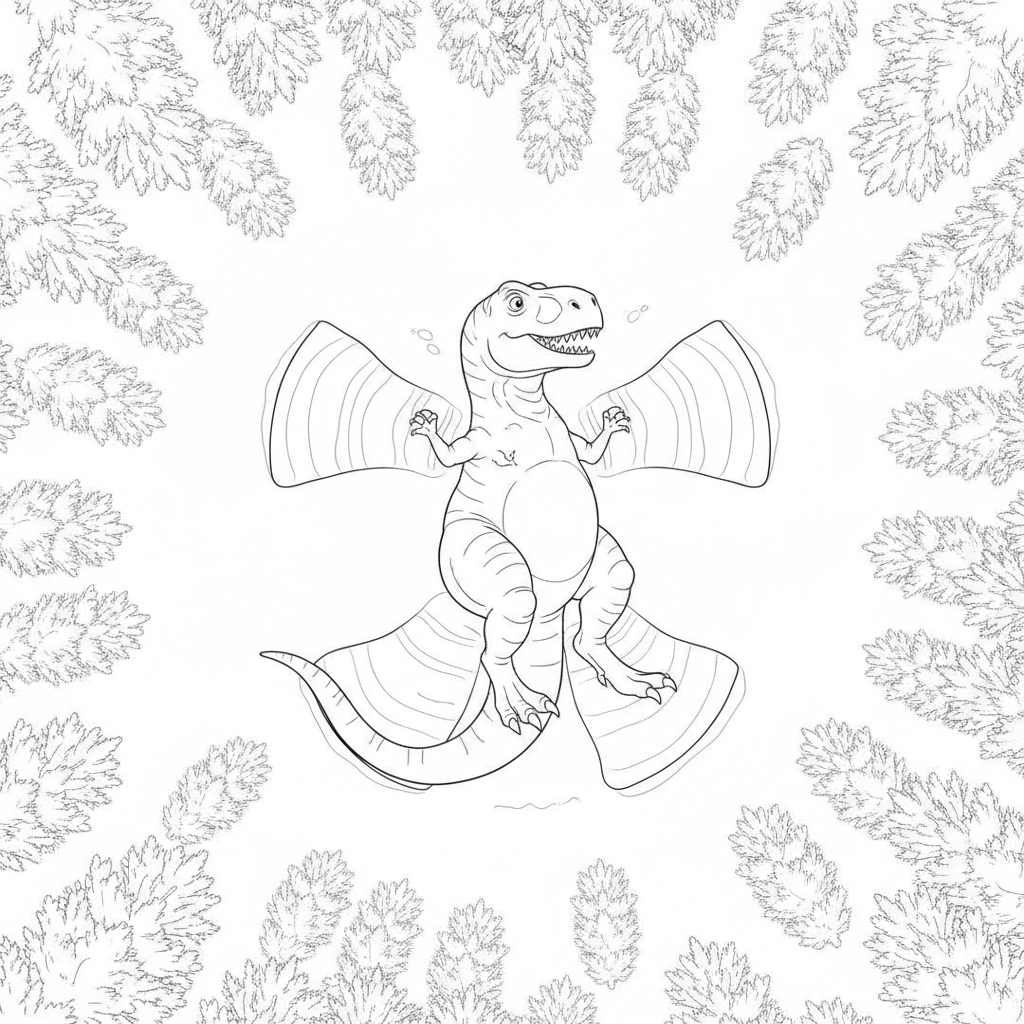 T-Rex Making a Snow Angel — Free Coloring Page for Kids
