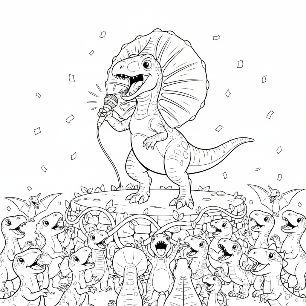 Dilophosaurus Concert Fun — Free Coloring Page for Kids coloring page