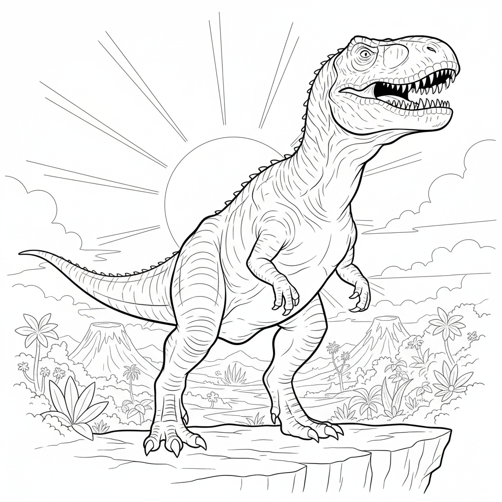 Rex on the Rocky Cliff — Free Coloring Page for Kids coloring page