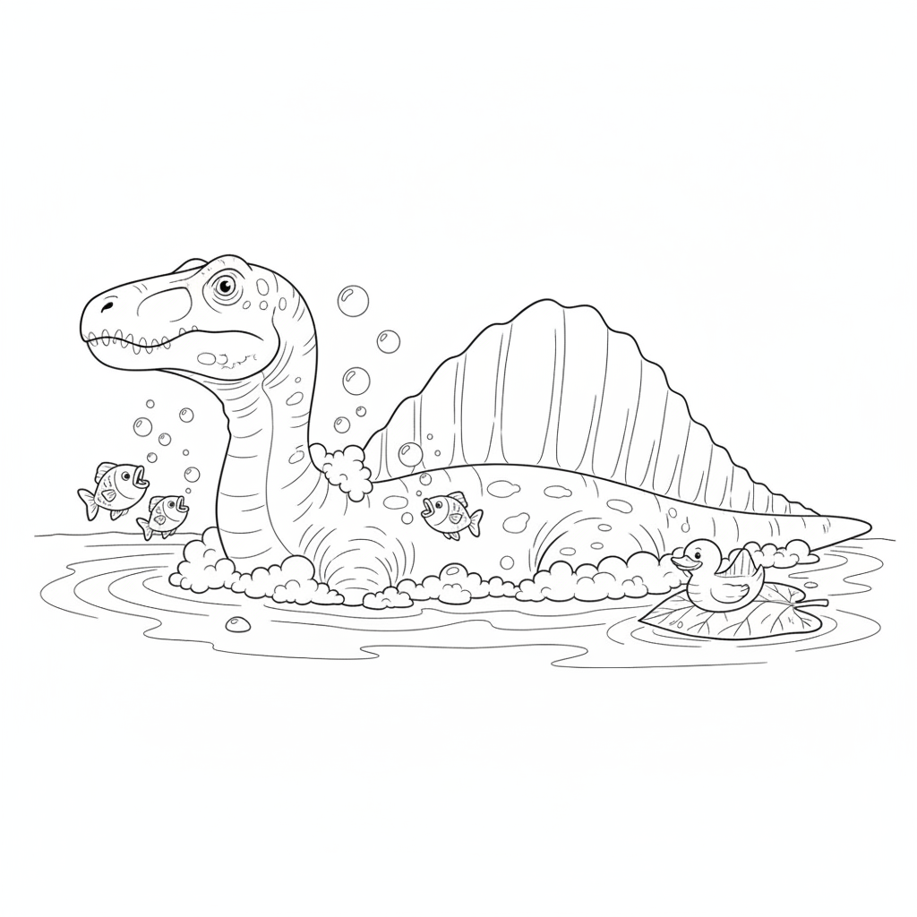 Friendly Dinosaur Splashing in a Pond — Free Coloring Page for Kids
