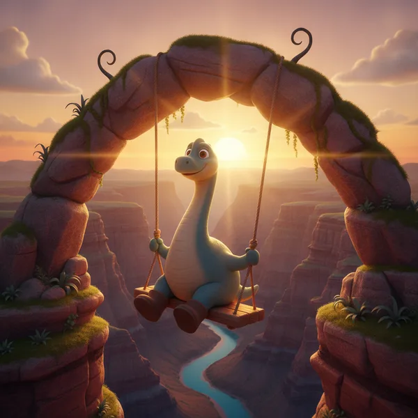 Dinosaur on a Swing Overlooking a Canyon — Free Coloring Page for Kids