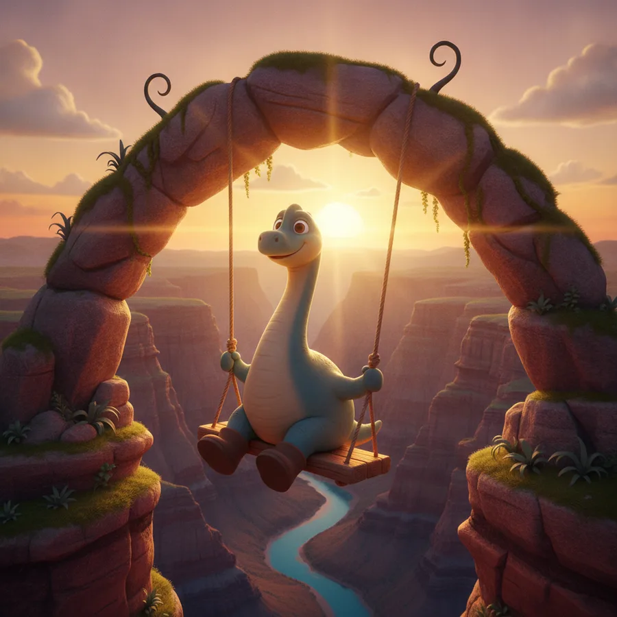 This coloring page features a cheerful dinosaur enjoying a swing, surrounded by a stunning canyon view. The swing and dinosaur are easy to color, while the intricate canyon details provide a fun challenge.