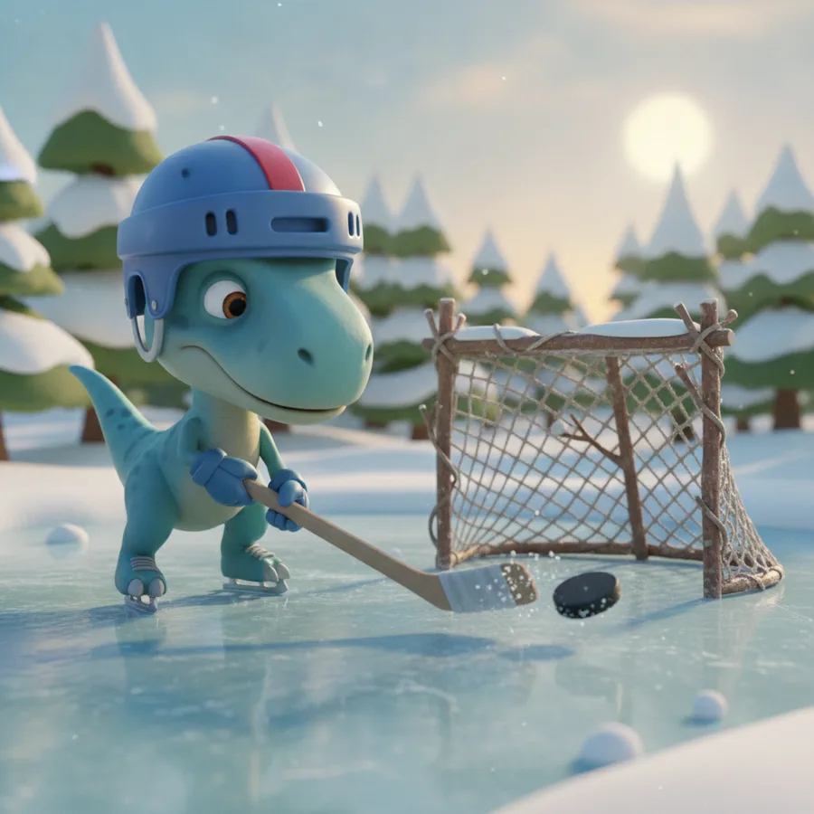 This coloring page features a cute dinosaur playing hockey on a frozen pond. The large areas of snow are easy to color, while the details on the dinosaur and skates provide a fun challenge.