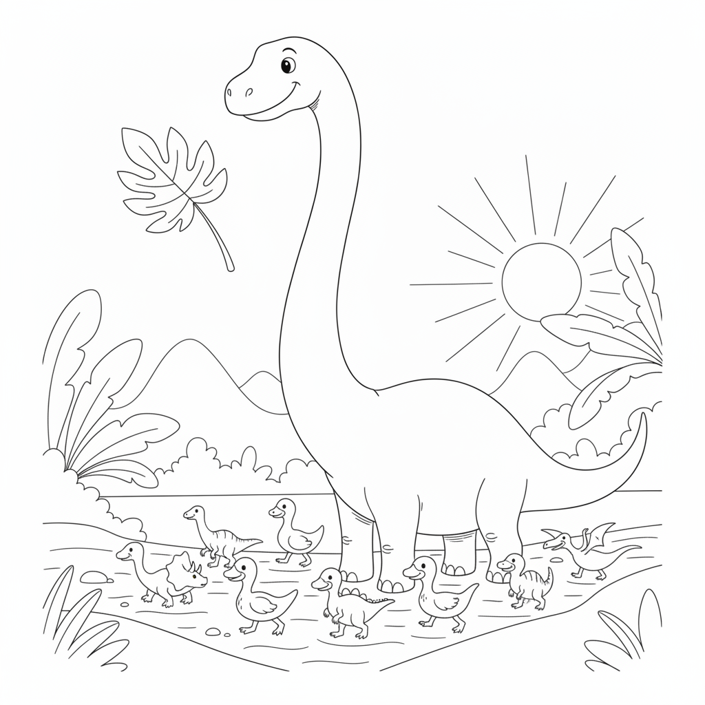 Bunte Enten in einem Ruhigen Fluss — Dinosaurier Ausmalbild — Kostenlos Ausdrucken