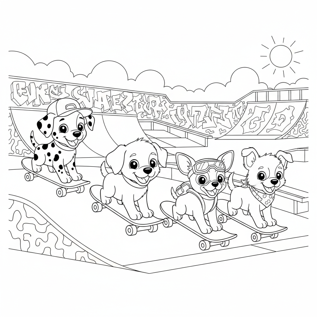 Puppy Skate Adventure — Free Coloring Page for Kids coloring page