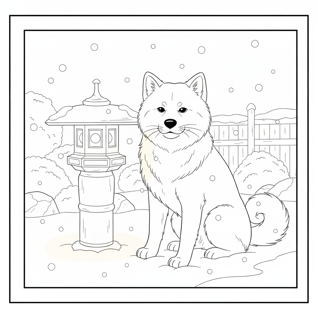 Fluffy Shiba Inu in Snow — Free Coloring Page for Kids