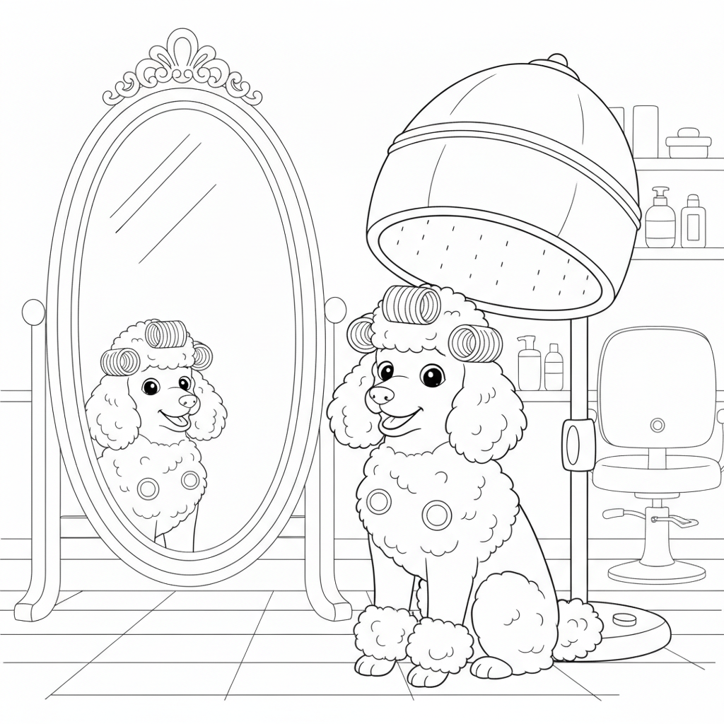 Fluffy Hund im Rosa Salonstuhl — Hund Ausmalbild — Kostenlos Ausdrucken