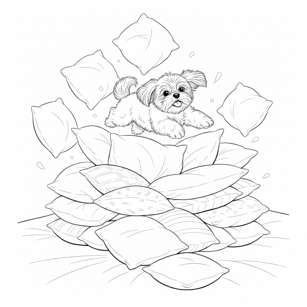 Fluffy Dog Among Colorful Cushions — Free Coloring Page for Kids