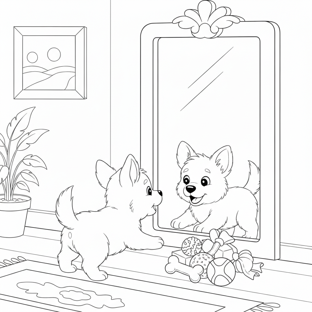 Fluffy Yellow Puppy Playing with Its Mirror — Free Coloring Page for Kids