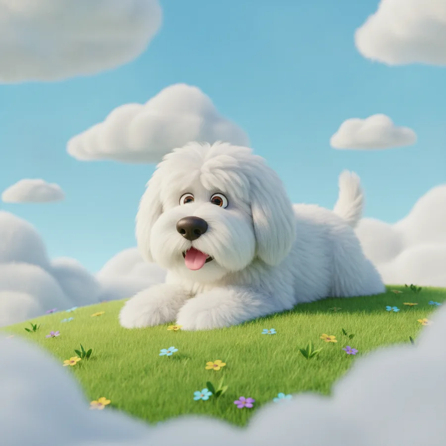 This coloring page features a fluffy white dog resting on a colorful hill, making it fun for kids. The flowers are easy to color, while the clouds offer a bit more challenge.