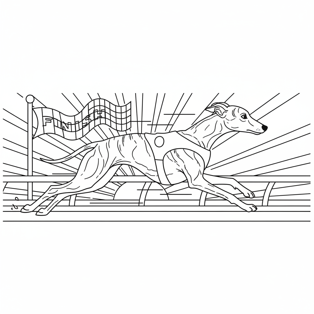 Brindle Whippet Racing Fun — Free Coloring Page for Kids coloring page
