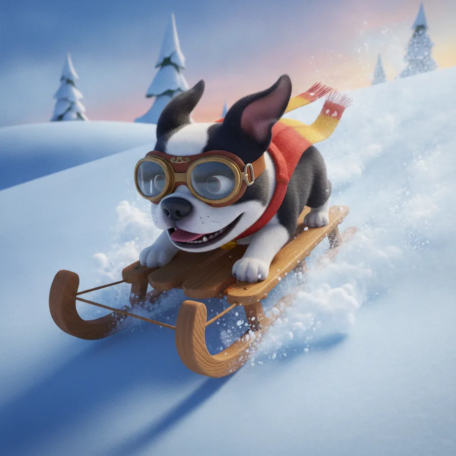 This delightful scene features a Boston Terrier having fun on a sled. The snowy background and playful dog make it easy for kids to color.