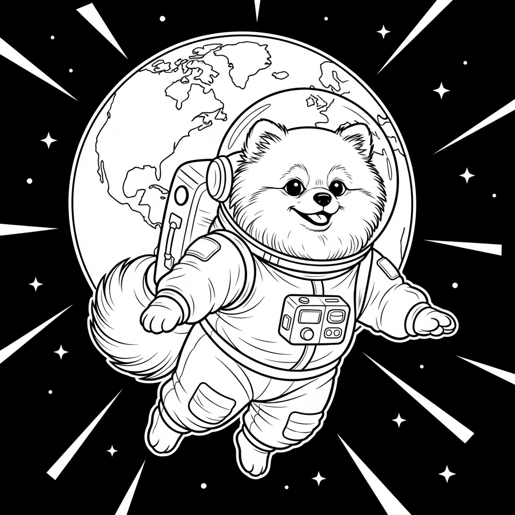 Pomeranian Astronaut in Space — Free Coloring Page for Kids coloring page