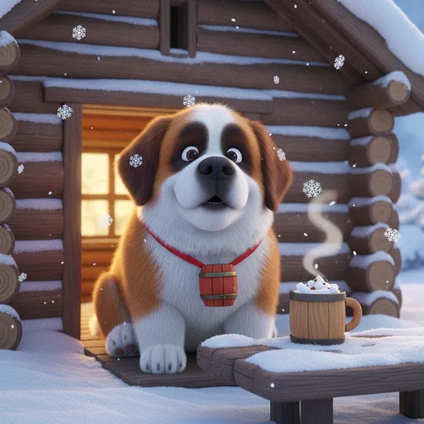 Cheerful Saint Bernard by a Cozy Cabin — Free Coloring Page for Kids