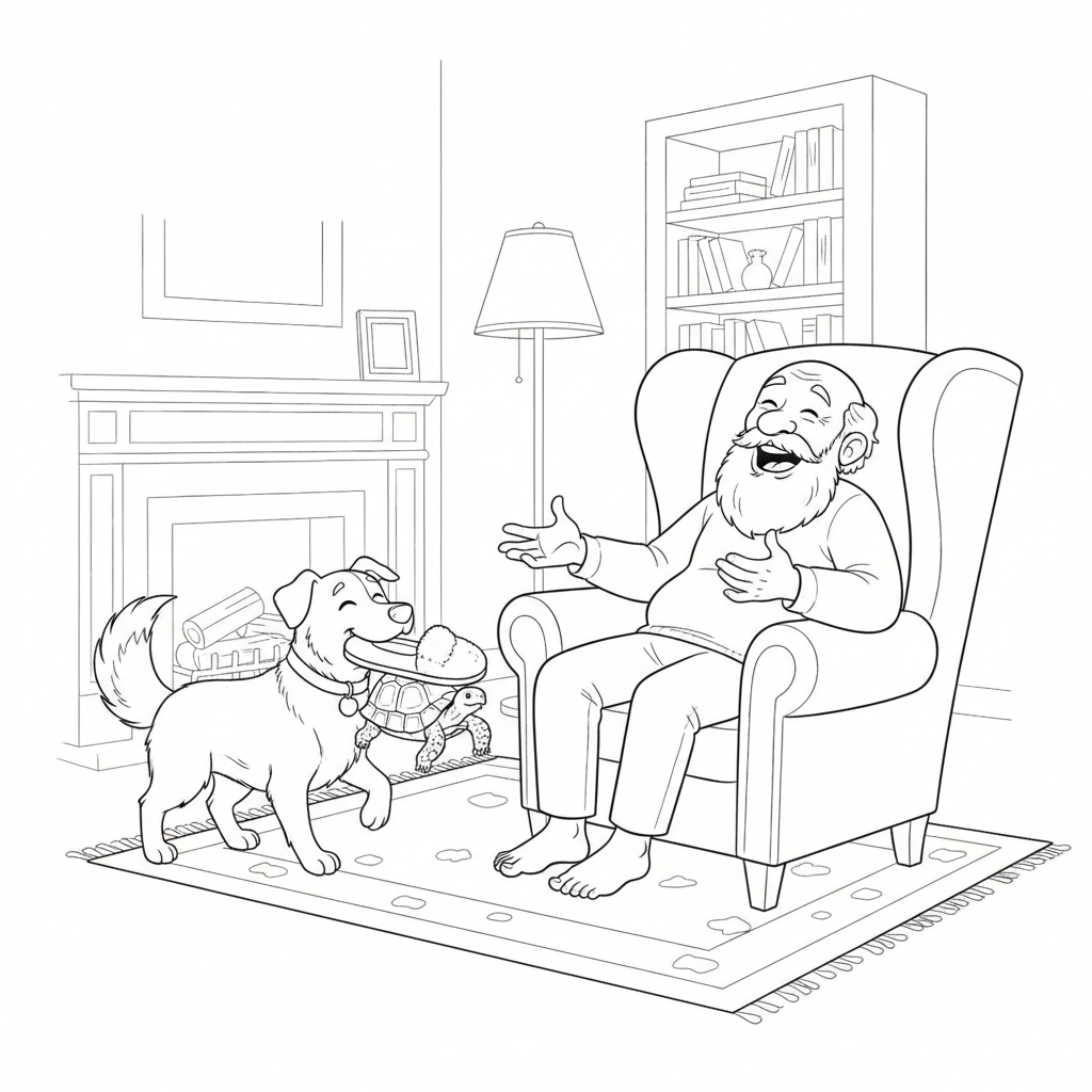Grandpa Laughs with Puppy by the Fire — Free Coloring Page for Kids