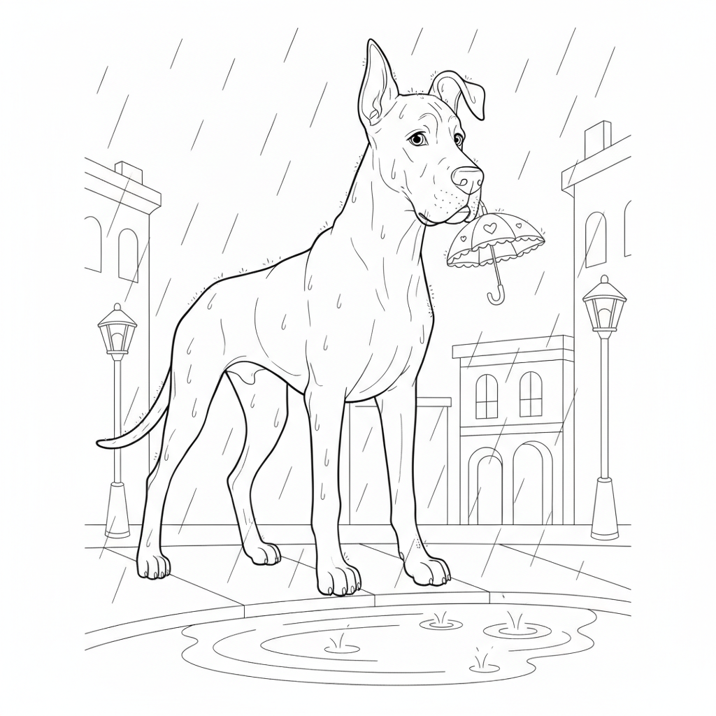 Neugieriger Hund im Regen mit Kleinem Regenschirm — Hund Ausmalbild — Kostenlos Ausdrucken