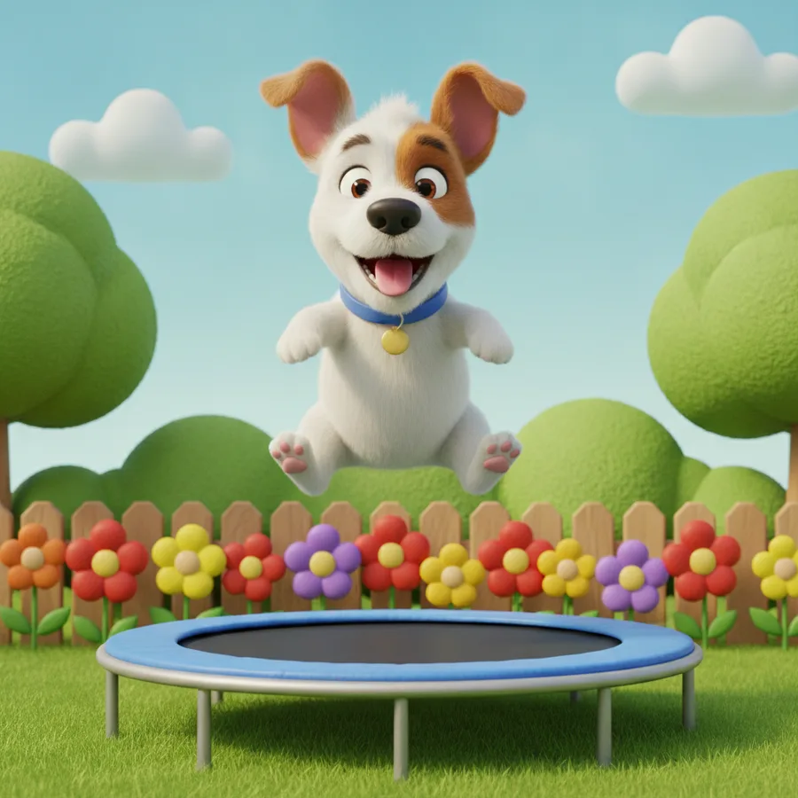 Esta encantadora página para colorear presenta un perro alegre saltando en un trampolín. Las flores y árboles son fáciles de colorear, mientras que los detalles del perro pueden ser más desafiantes.