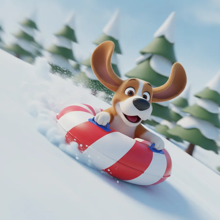 Esta imagen para colorear presenta un beagle juguetón divirtiéndose en una colina nevada. El tubo inflable es fácil de colorear, mientras que los árboles de pino ofrecen un desafío.