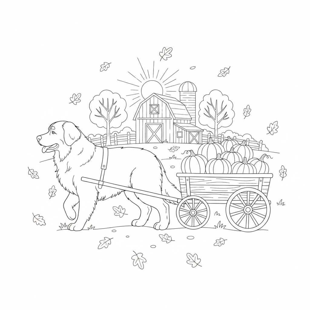 Chien Bernois Joyeux Tirant des Citrouilles — Coloriage Gratuit à Imprimer