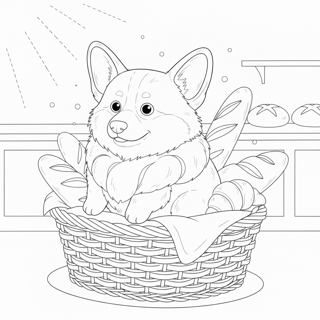 Fluffy Corgi in a Bread Basket — Free Coloring Page for Kids