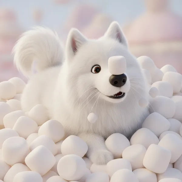 Cheerful Samoyed Dog in Marshmallow Pile — Free Coloring Page for Kids