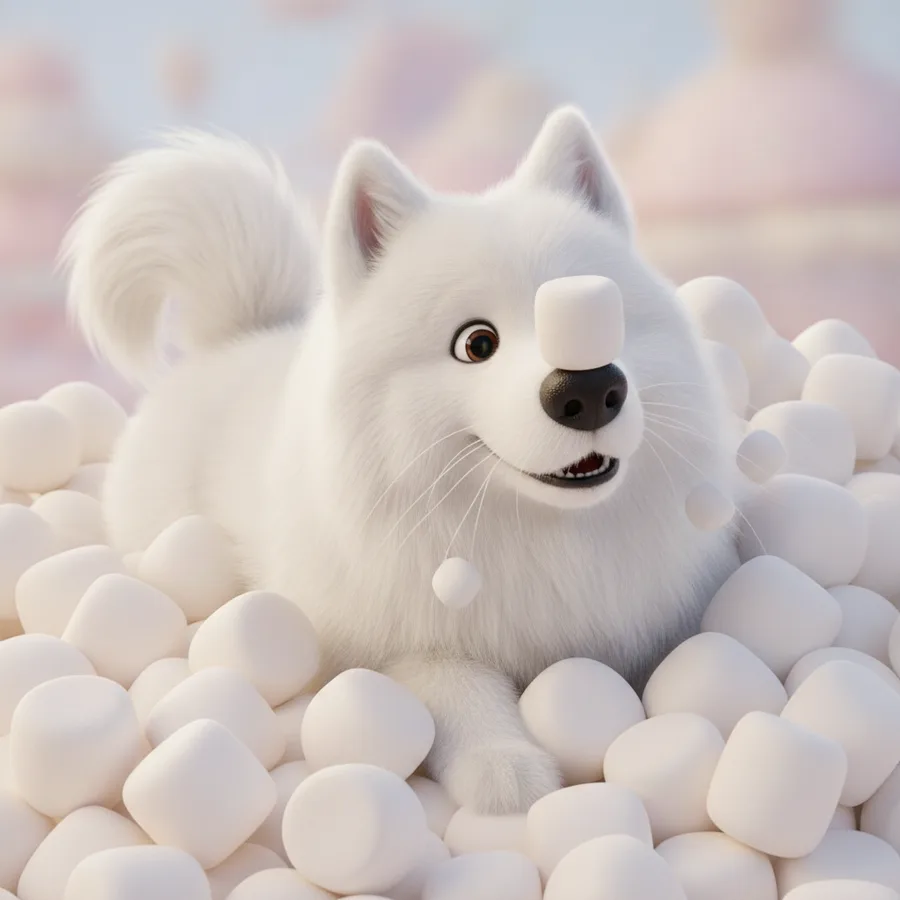 Esta imagem encantadora apresenta um cachorro Samoiedo alegre deitado em um monte de marshmallows. Os grandes marshmallows são fáceis de colorir, enquanto o pelo do cachorro oferece um desafio divertido.