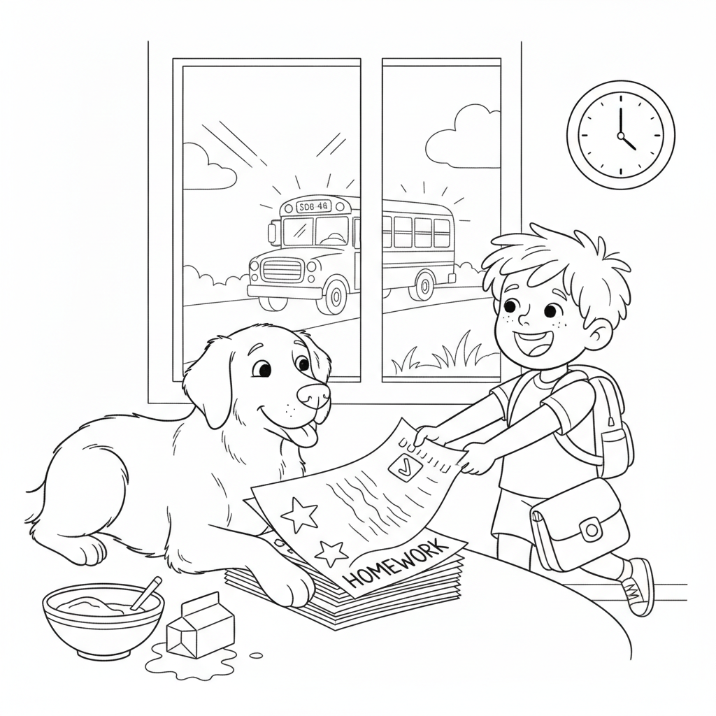 Cheerful Boy Laughing with a Dog — Free Coloring Page for Kids