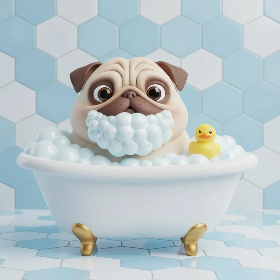 Esta página para colorir apresenta um pug fofo cercado de bolhas azuis e um pato de borracha. As grandes áreas de bolhas são fáceis de colorir, enquanto os detalhes do pug oferecem um desafio divertido.