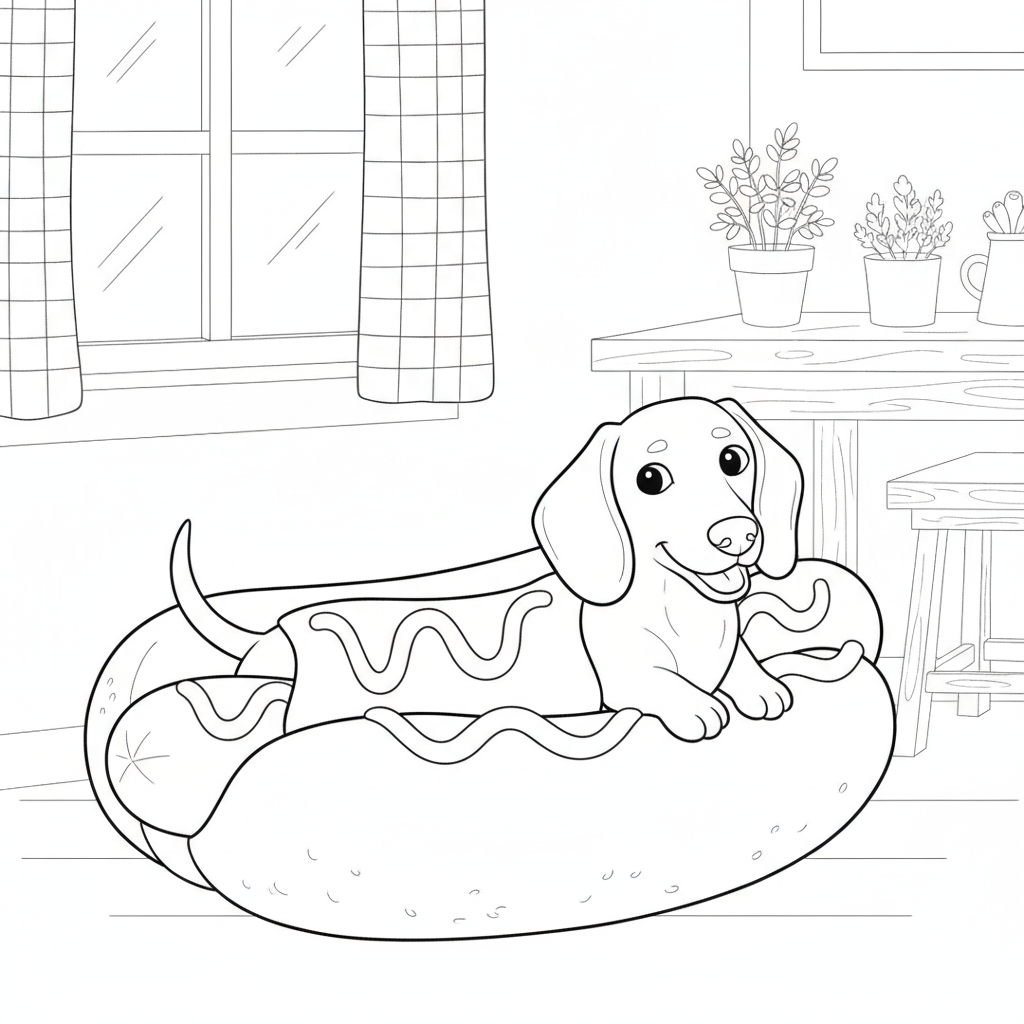 Dackel Schlafend auf einem Hot-Dog-Bett — Hund Ausmalbild — Kostenlos Ausdrucken