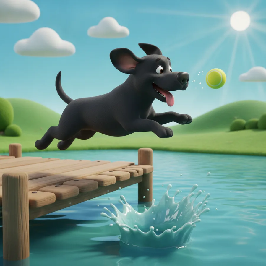Dieses Ausmalbild zeigt einen verspielten schwarzen Hund, der in einen glitzernden See springt. Einfache Bereiche wie der Himmel und das Wasser helfen kleinen Künstlern.