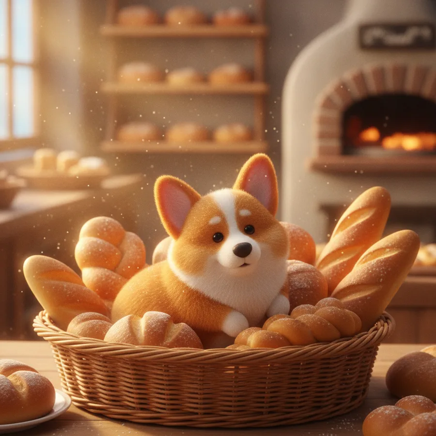This coloring page features a fluffy corgi surrounded by freshly baked bread. The easy areas include the corgi's body, while the intricate basket details offer a fun challenge.