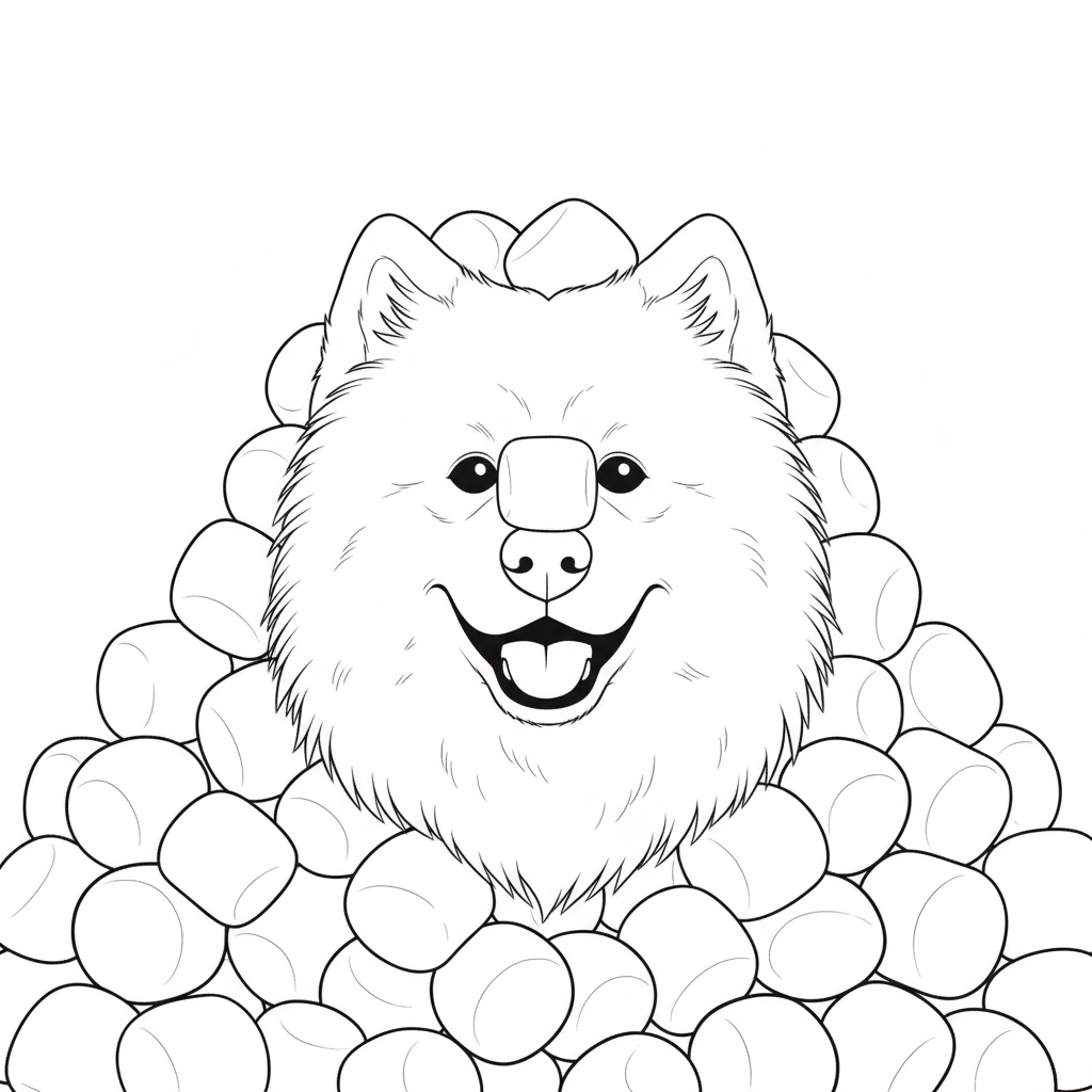 Cachorro Samoiedo Brincalhão em Montinho de Marshmallows — Desenho de Cães para Colorir — Grátis