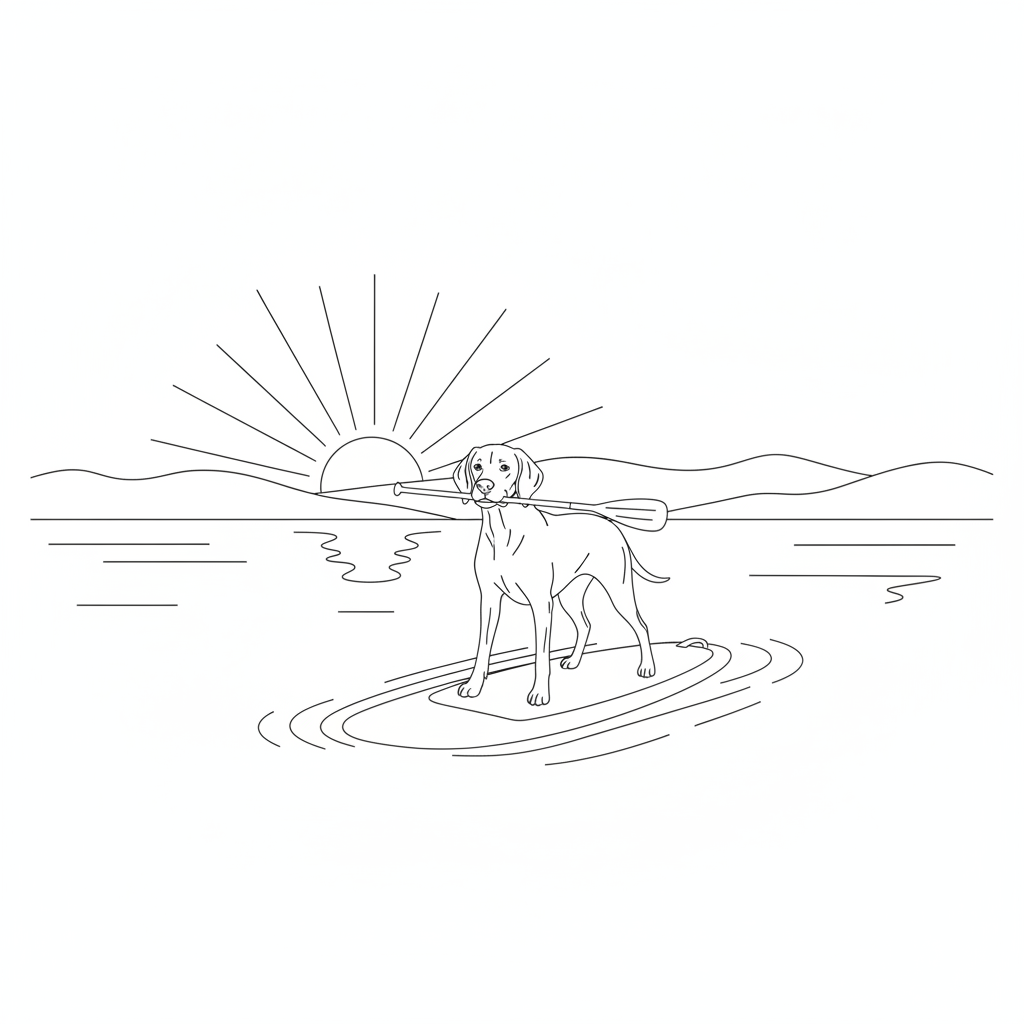 Cheerful Dog Paddleboarding at Sunrise — Free Coloring Page for Kids
